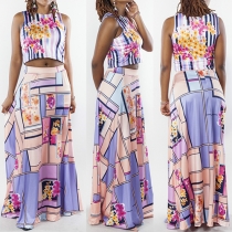 Fashion Sleeveless Crop Top + High Waist Skirt Printed Two-piece Set