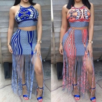 Sexy Printed Cami Top + High Waist Tassel Hem Skirt Two-piece Set