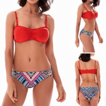 Sexy Red Bikini Top + Low-waist Printed Briefs Bikini Set