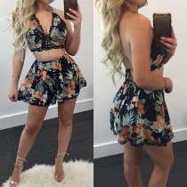 Sexy Backless V-neck Lace Spliced Crop Top + Shorts Printed Two-piece Set