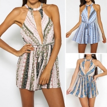 Sexy Lace Spliced Backless Deep V-neck Printed Romper