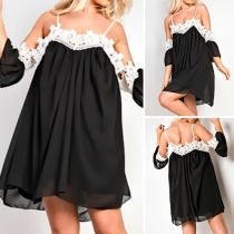 Sexy Lace Spliced Off-shoulder Trumpet Sleeve Sling Chiffon Dress