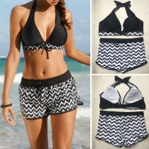 Sexy Halter Bikini Top + Print Shorts Swimsuit Set