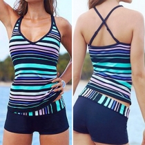 Fashion V-neck Striped Printed Swimsuit Set