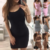 Sexy Backless Sleeveless Round Neck Solid Color Bodycon Dress