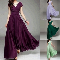 Elegant Solid Color Short Sleeve V-neck High Waist Party Dress