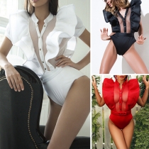 Sexy See-through Gauze Spliced Short Sleeve Ruffle Bodysuit