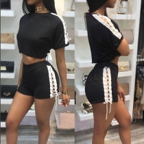 Sexy Contrast Color Hollow Out Lace-up Crop Top + High Waist Shorts Two-piece Set