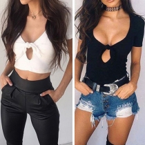 Sexy Hollow Out Deep V-neck Short Sleeve Solid Color Crop Top