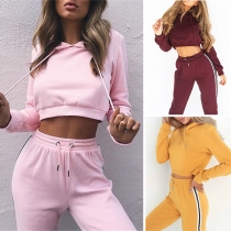 Fashion Solid Color Long Sleeve Hoodie + High Waist Pants Sports Suit