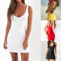 Sexy Low-cut Backless Sleeveless Solid Color Mini Bodycon Dress