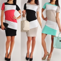 OL Style Short Sleeve Round Neck Slim Fit Contrast Color Dress