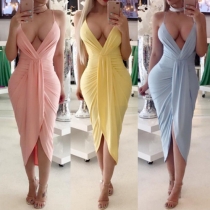 Sexy Deep V-neck Irregular Hem Solid Color Sling Dress