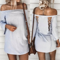 Sexy Off-shoulder Boat Neck Hollow out Lace-up Striped Dress