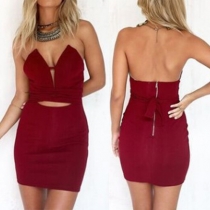 Sexy Strapless Hollow Out High Waist Solid Color Slim Fit Party Dress