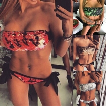 Sexy Sequin Spliced Bandeau Bikini Set
