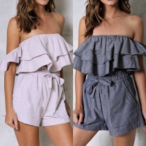 Sexy Off-shoulder Ruffle Crop Top + High Waist Shorts Two-piece Set