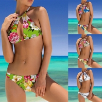 Sexy Printed Hollow Out Lace-up Halter Bikini Set