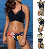 Sexy Crossover Bikini Bra + Low-waist Printed Briefs Bikini Set