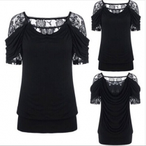 Fashion Solid Color Short Sleeve Round Neck Lace Spliced Top