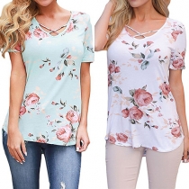 Fashion Short Sleeve V-neck Arc Hem Printed T-shirt