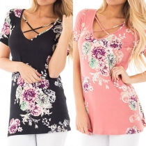 Fashion Short Sleeve Crossover V-neck Slim Fit Printed T-shirt