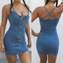 Sexy Low-cut Backless Single-breasted Slim Fit Sling Denim Dress