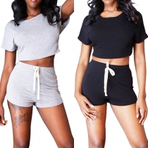 Sexy Backless Short Sleeve Crop Top + Shorts Two-piece Set
