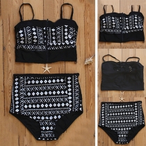 Sexy Contrast Color Printed High Waist Bikini Set