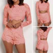 Sexy Long Sleeve Crop Top + High Waist Shorts Lace Two-piece Set