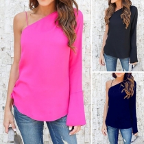 Sexy One-shoulder Trumpet Sleeve Lace-up Hem Solid Color Top