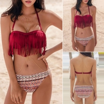 Sexy Tassel Bra + Low-waist Printed Briefs Bikini Set