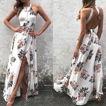 Sexy Backless Slit Hem Printed Maxi Dress