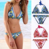 Sexy Printed Push-up Lace-up Halter Bikini Set
