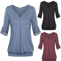 Fashion Solid Color Long Sleeve V-neck T-shirt