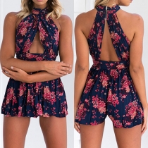Sexy Backless Hollow Out Sleeveless Printed Romper