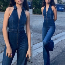 Sexy Deep V-neck Short Sleeve High Waist Slim Fit Denim Jumpsuit