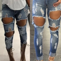 Distressed Style High Waist Hollow Out Ripped Jeans