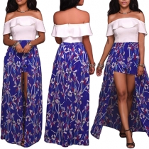 Sexy Off-shoulder Ruffle Printed Chiffon Spliced Hem Romper