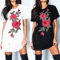 Fashion Short Sleeve Round Neck Embroidered Ripped Dress