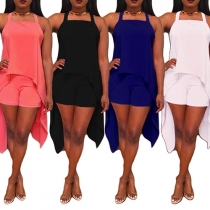 Sexy Backless Irregular Hem Solid Color Romper