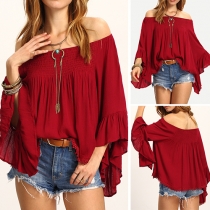 Sexy Off-shoulder Boat Neck Trumpet Sleeve Solid Color Blouse