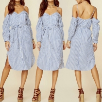 Sexy Off-shoulder Long Sleeve Single-breasted Striped Shirt Dress