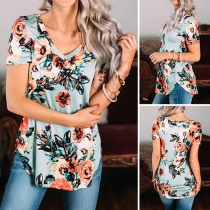 Fashion Short Sleeve V-neck Arc Hem Printed T-shirt