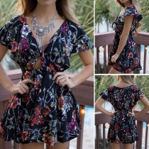Sexy Deep V-neck Hollow Out High Waist Short Sleeve Printed Romper