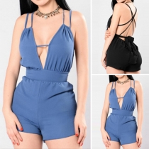 Sexy Backless Deep V-neck High Waist Solid Color Cami Romper