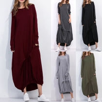 Fashion Solid Color Long Sleeve Round Neck Irregular Hem Maxi Dress