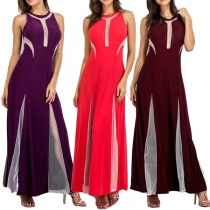 Sexy See-through Gauze Spliced Sleeveless Round Neck Evening Dress