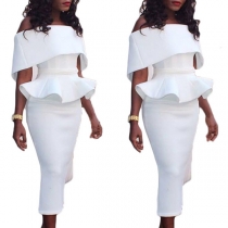 Sexy Off-shoulder Boat Neck Short Sleeve Slim Fit Ruffle Dress