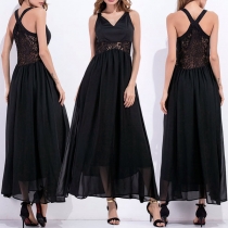 Sexy Backless V-neck Hollow Out Lace Spliced Chiffon Maxi Dress